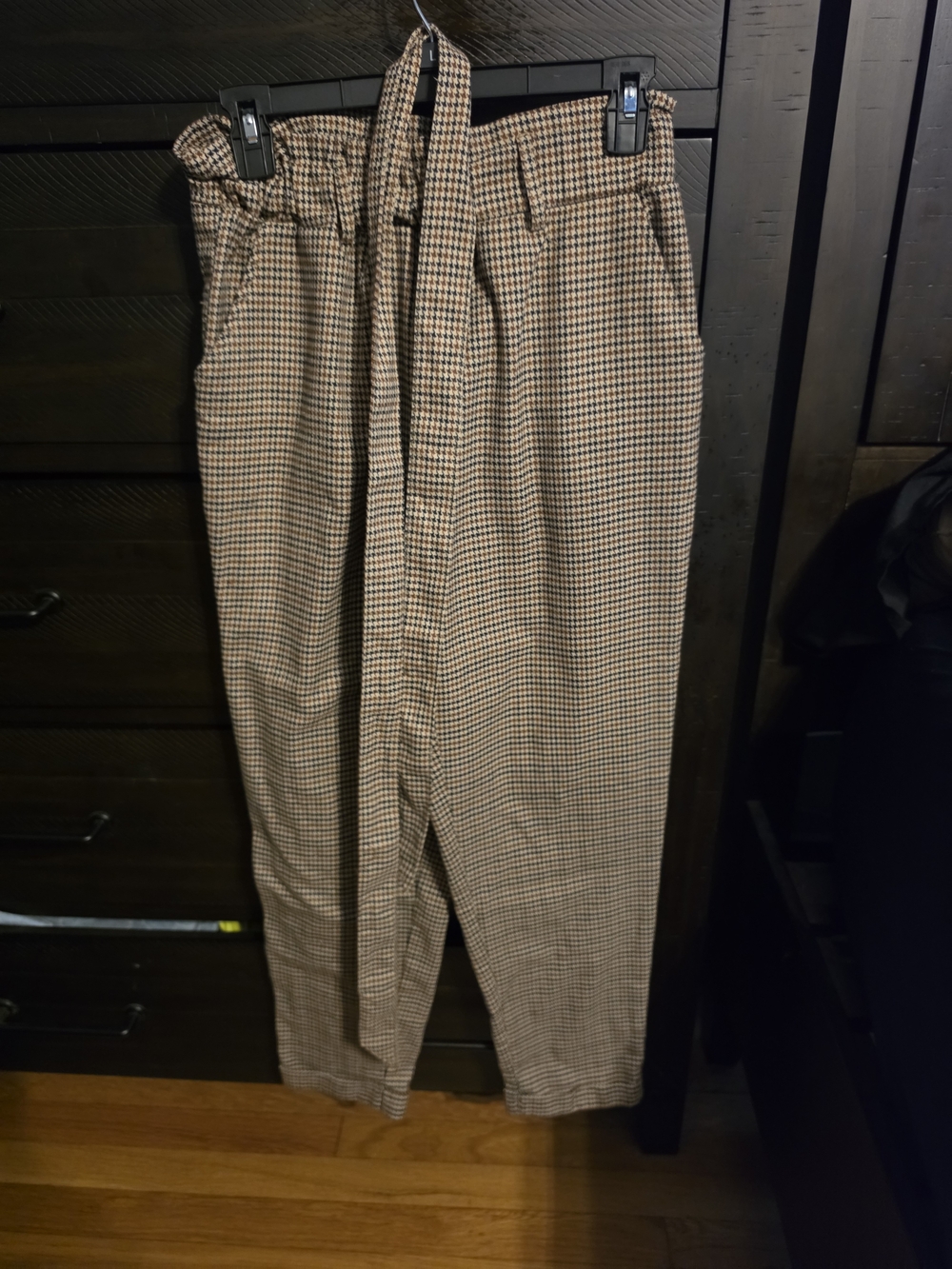 SO Brown Houndstooth Pleated Paperbag Waist Chinos